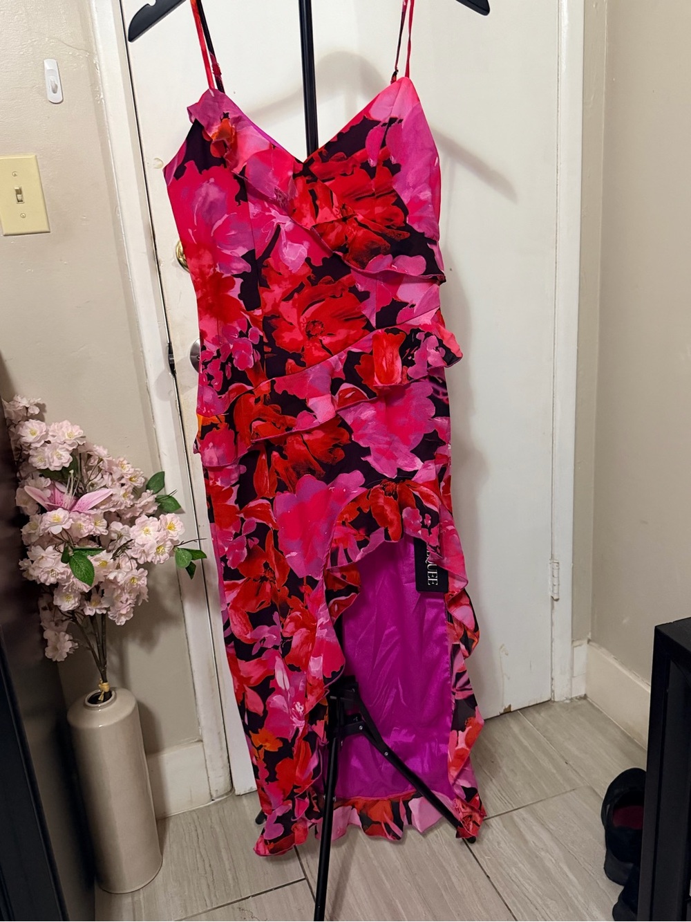 Floral Ruffled V-Neck Pink & Red Evening Dress